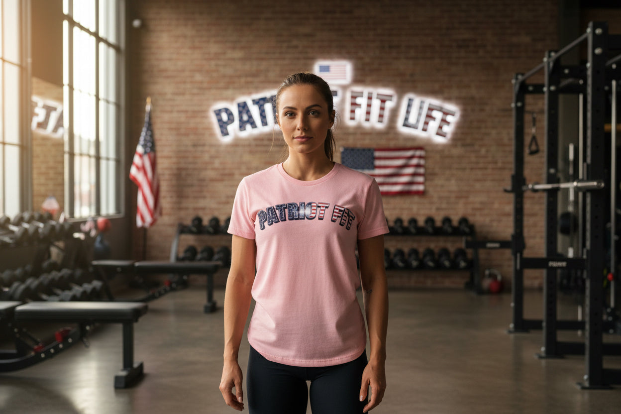Pink t-shirt with 'Patriot Fit' text.