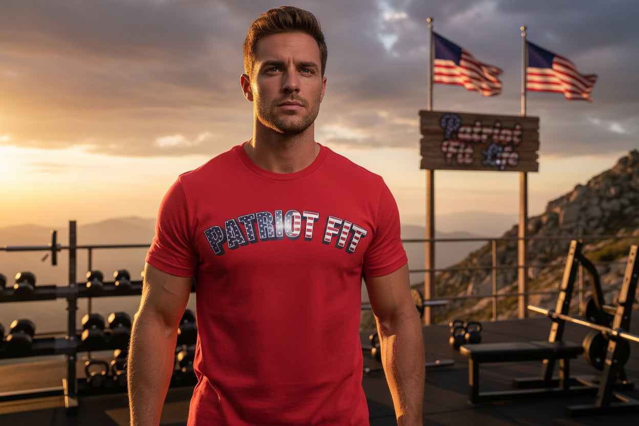 Red t-shirt with 'Patriot Fit' text.