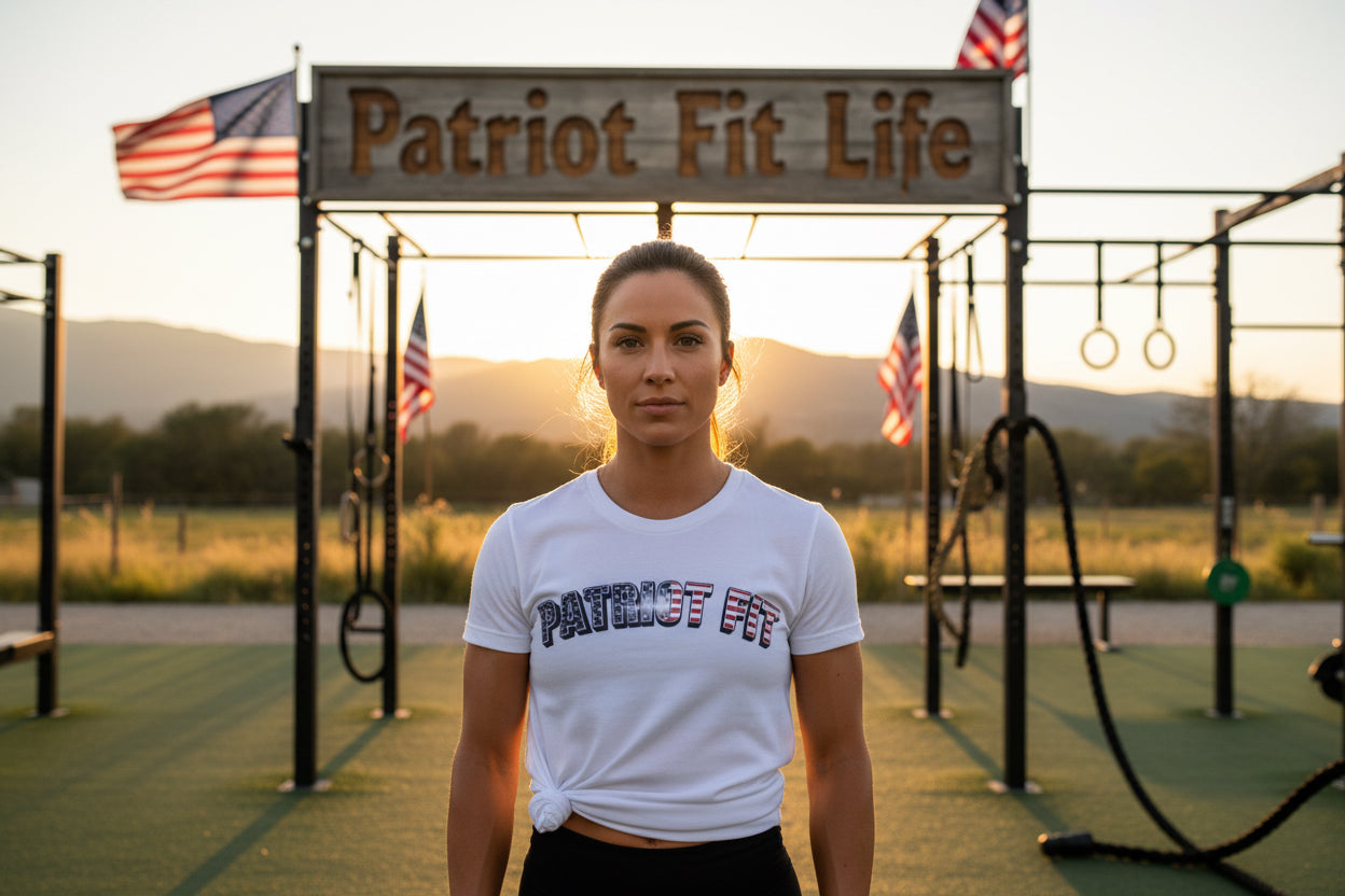 Woman wearing a 'Patriot Fit' t-shirt in front of an outdoor fitness setup with 'Patriot Fit Life' sign.