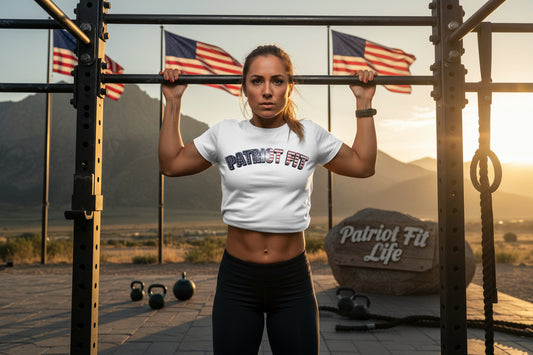 White t-shirt with 'Patriot Fit' text worn by a female.