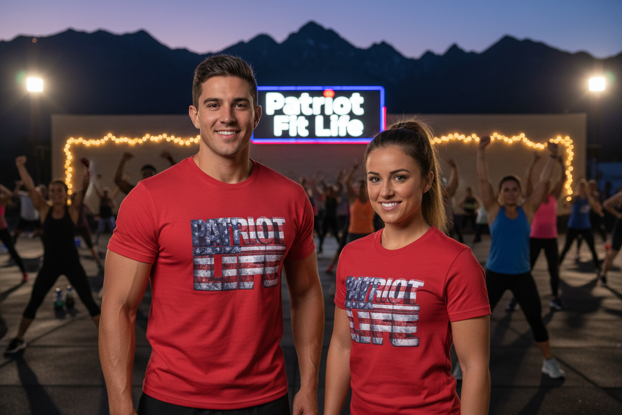 Two people wearing red 'Patriot Life' shirts standing in front of a group exercise class with mountains in the background.